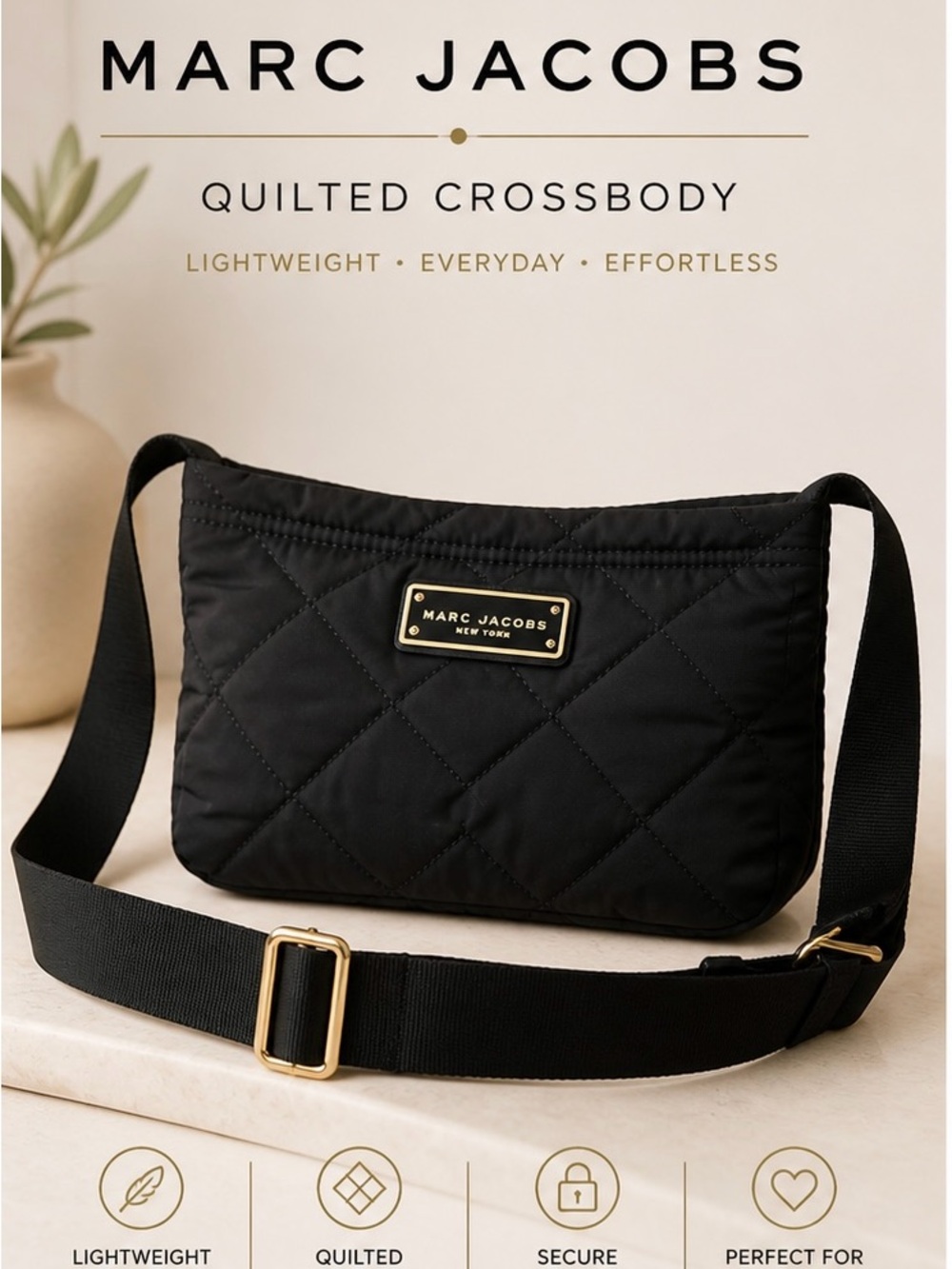 Marc Jacobs Black Quilted Crossbody Bag with Gold Hardware